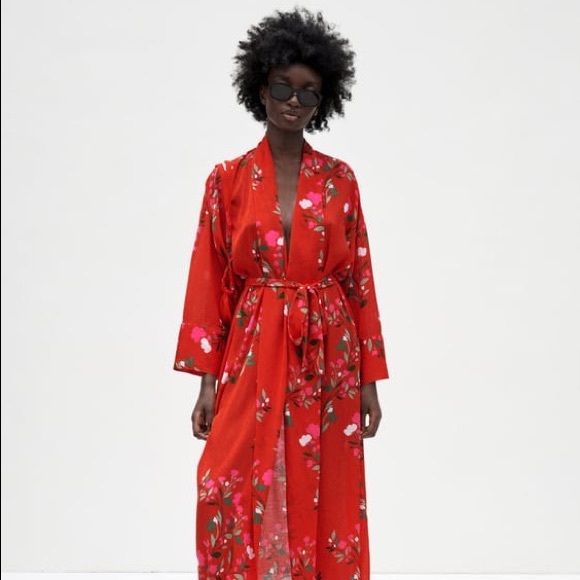 ZARA FLORAL LONG KIMONO STYLE PRINT DRESS - Picture 4 of 7